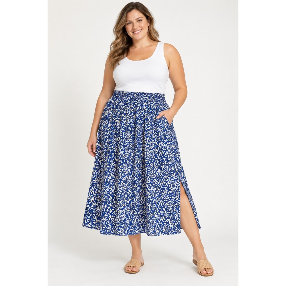 NWT Terra & Sky 3X Blue Gusto Paisley Midi Skirt Elastic Waist Pockets Plus